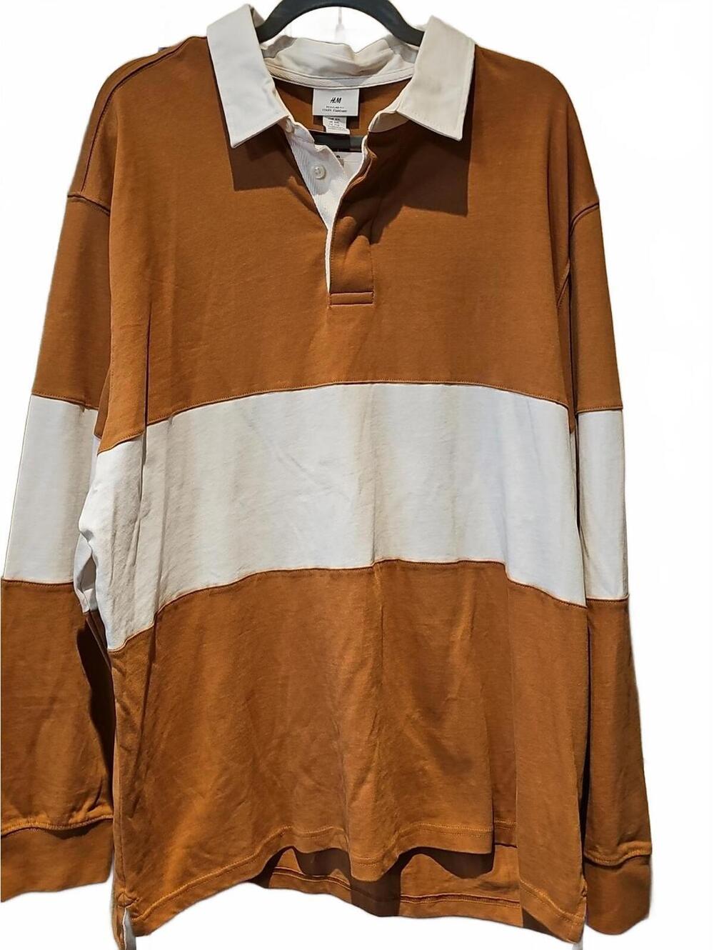 H&M  Long Sleeve Orange Brown and White Stripe Polo Shirt Oversize Fit XXL NWT